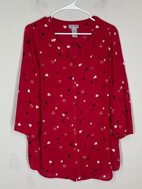 Catherines Plus Size Blouse Womens 0X 14/16W Button Up Hearts Print Red